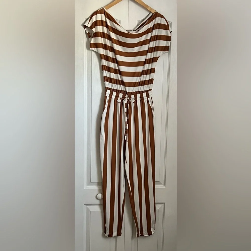 Striped Brown and White Jumpsuit - Picture 4 of 5